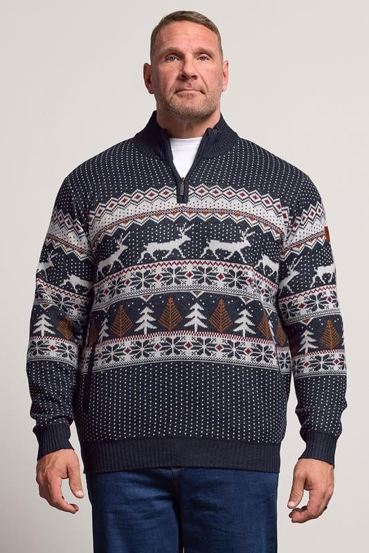 Men's  D555 Big & Tall Navy Blue Christmas Quarter Zip Jumper