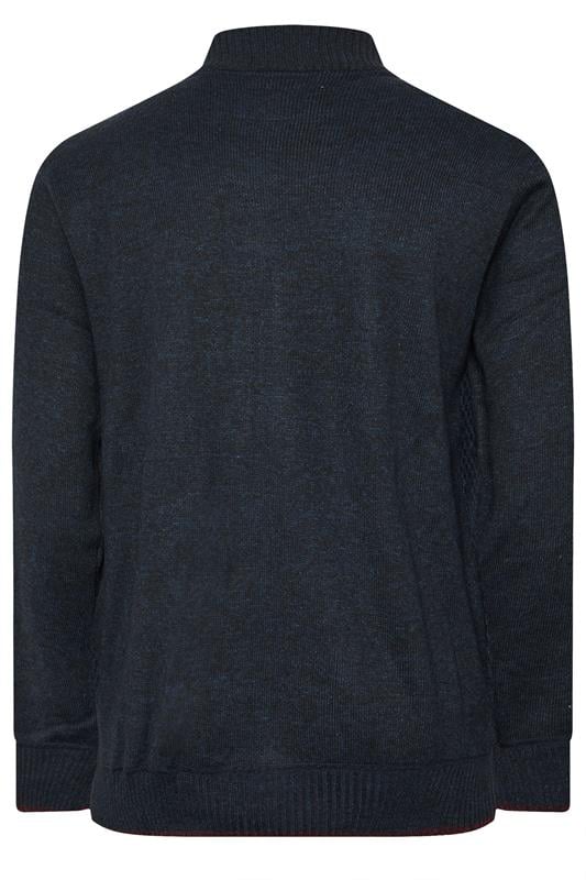 D555 Big & Tall Navy Blue Marl Zip Through Cable Knit Jumper | BadRhino 2