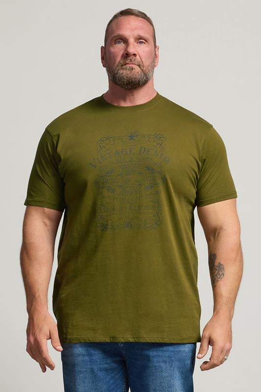  KAM Big & Tall Olive Green Vintage Denim Graphic Print T-Shirt