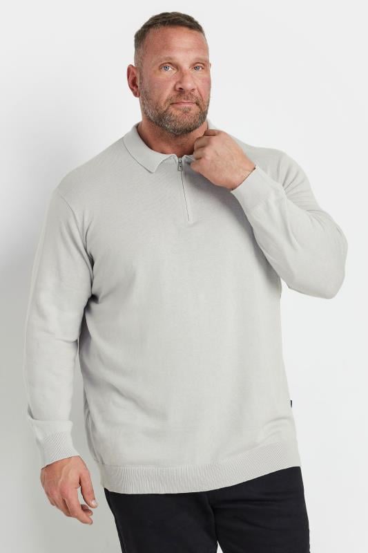 BadRhino Big & Tall Grey Knitted Long Sleeve Zip Polo Shirt | BadRhino 1