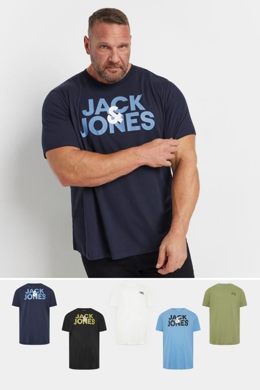 JACK & JONES Big & Tall 5 PACK White & Blue Logo T-Shirts | BadRhino 1