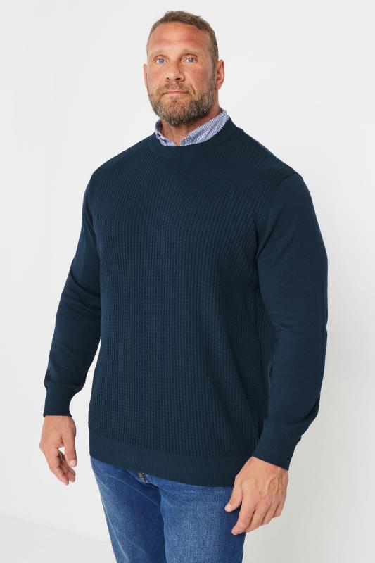 BadRhino Big & Tall Navy Blue Cable Knit Mock Shirt Jumper | BadRhino 2