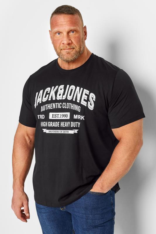 JACK & JONES Big & Tall Black 'Authentic Clothing' Logo Printed T-Shirt | BadRhino 1