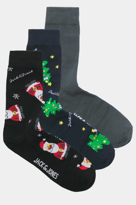 JACK & JONES 3 PACK Black & Grey Holly Jolly Socks | BadRhino 1