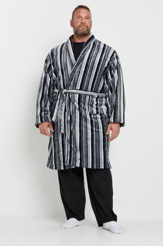 ESPIONAGE Big & Tall Grey Striped Fleece Dressing Gown | BadRhino 1