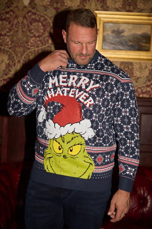 Men's  BadRhino Big & Tall Navy Blue Fairisle Grinch Christmas Jumper