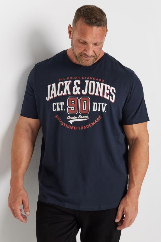 JACK & JONES Big & Tall Navy Blue 'Superior Standard' Chest Logo T-Shirt | BadRhino 1