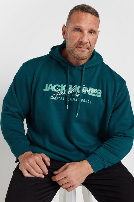 JACK & JONES Big & Tall Teal Green Logo Print Hoodie | BadRhino 1