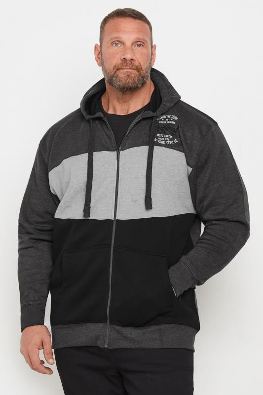 KAM Big & Tall Charcoal Grey Zip Through Contrast Panel Hoodie | BadRhino 2