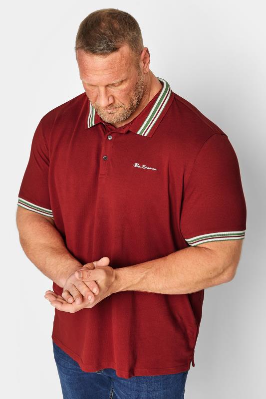 Men's  BEN SHERMAN Big & Tall Burgundy Red Stripe Tipped Polo Shirt