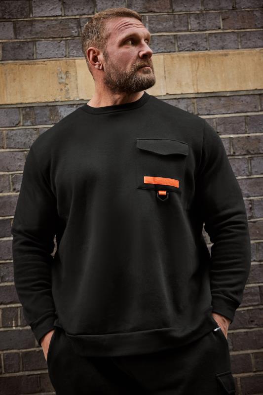 Men's  BadRhino Black & Orange Pocket Crew Neck Sweatshirt