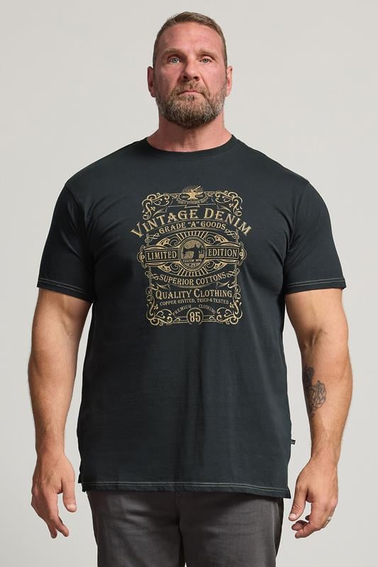  KAM Big & Tall Black Vintage Denim Graphic Print T-Shirt