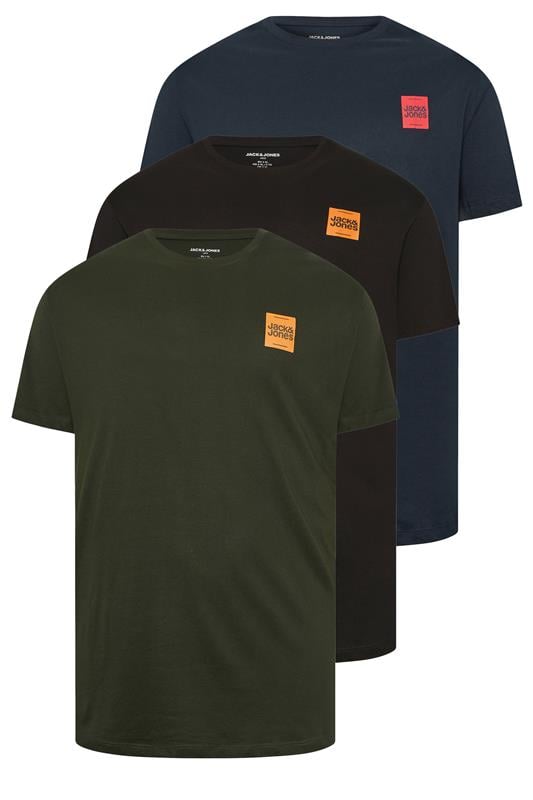 JACK & JONES Big & Tall 3 Pack Green, Navy Blue & Black Logo T-Shirts | BadRhino 1