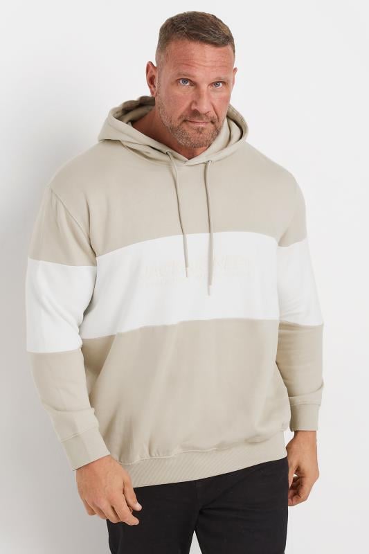 JACK & JONES Big & Tall Stone Brown & White Colourblock Logo Hoodie | BadRhino 1