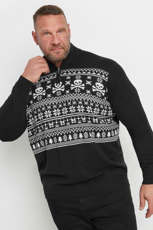 BadRhino Big & Tall Black Quarter Zip Fairisle Skull Knitted Jumper | BadRhino 2