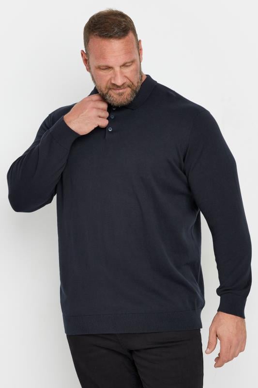 Men's  BadRhino Big & Tall Navy Blue Knitted Long Sleeve Polo Shirt