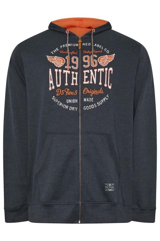 D555 Big & Tall Charcoal Grey 'Authentic' Slogan Zip Through Hoodie | BadRhino 3