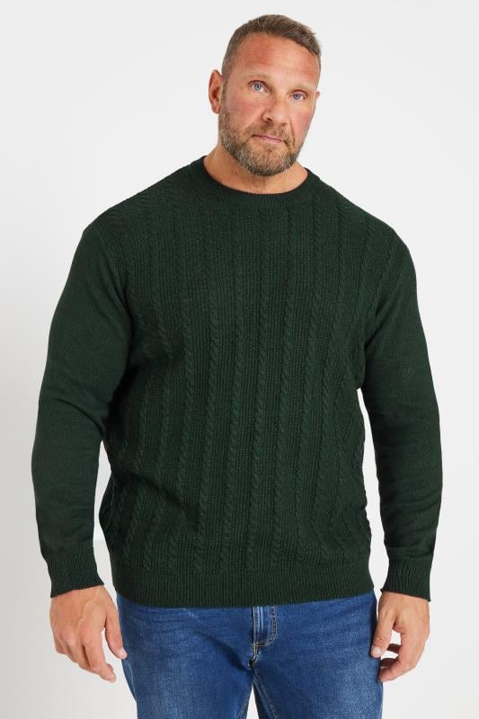 BadRhino Big & Tall Dark Green Crew Neck Cable Knit Jumper | BadRhino 2