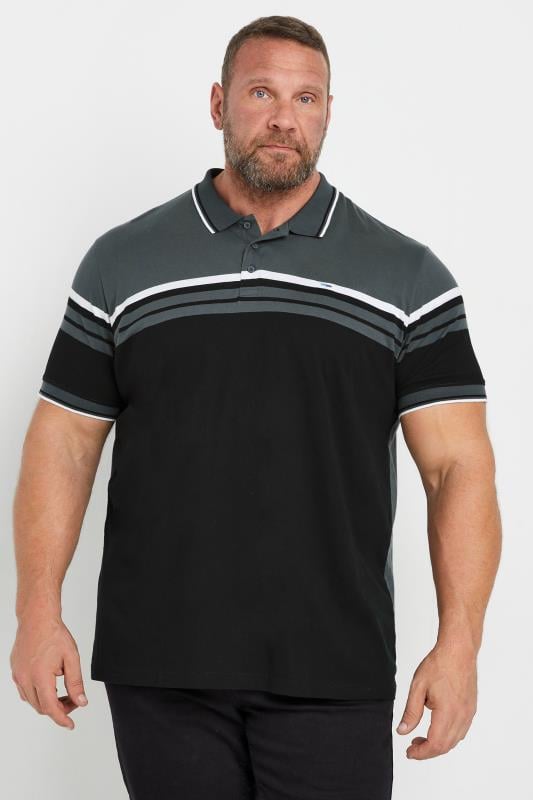 BadRhino Big & Tall Grey & Black Colourblock Stripe Polo Shirt | BadRhino 1