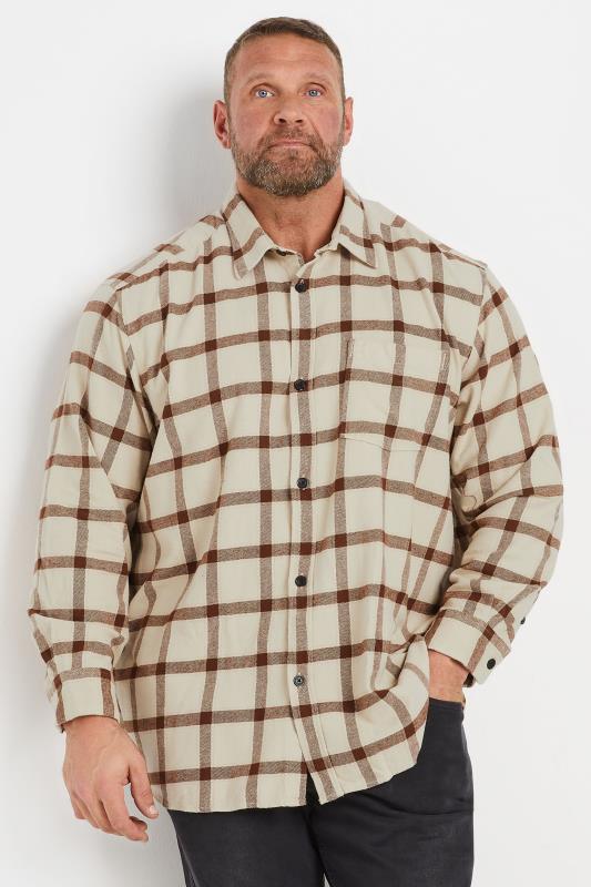 JACK JONES Big Tall Beige Brown Check Print Flannel Shirt BadRhino