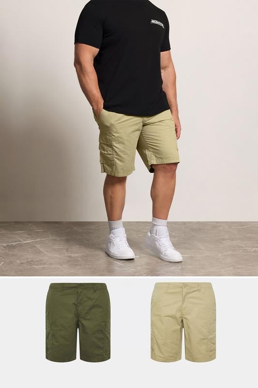 JACK & JONES Big & Tall 2 PACK Neutral And Olive Green Cargo Shorts | BadRhino 1