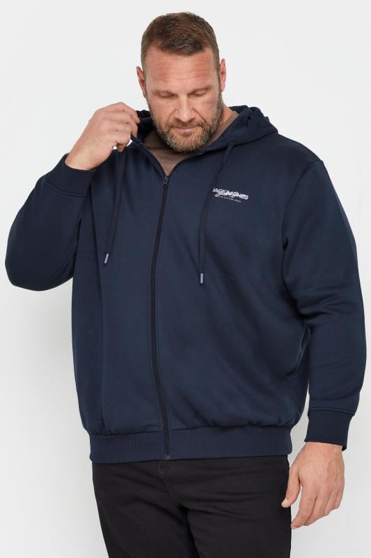 JACK & JONES Big & Tall Navy Zip Through Logo Hoodie | BadRhino 1