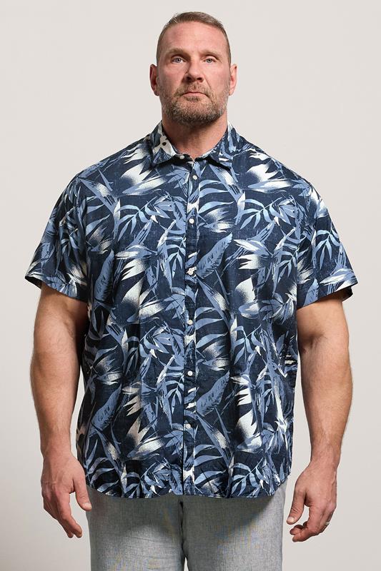  JACK & JONES Big & Tall Navy Blue Tropical Print Short Sleeve Shirt
