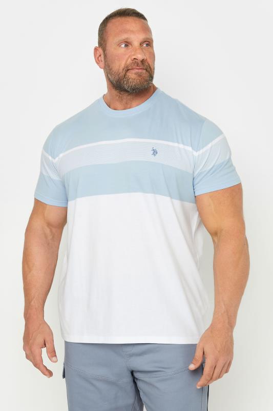 U.S. POLO ASSN. Big & Tall Blue & White Colour Block Stripe T-Shirt | BadRhino 1