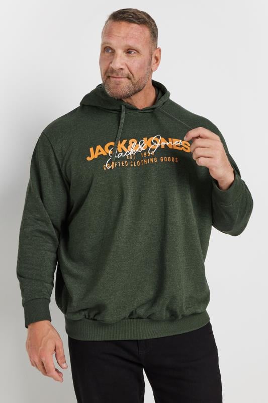 JACK & JONES Big & Tall Forest Green Logo Print Hoodie | BadRhino 1