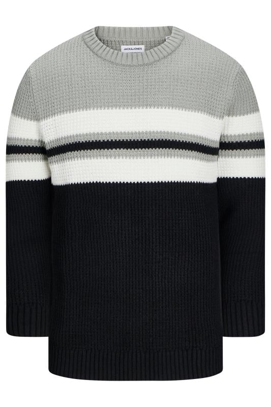 JACK & JONES Big & Tall Grey & Black Stripe Jumper | BadRhino 1