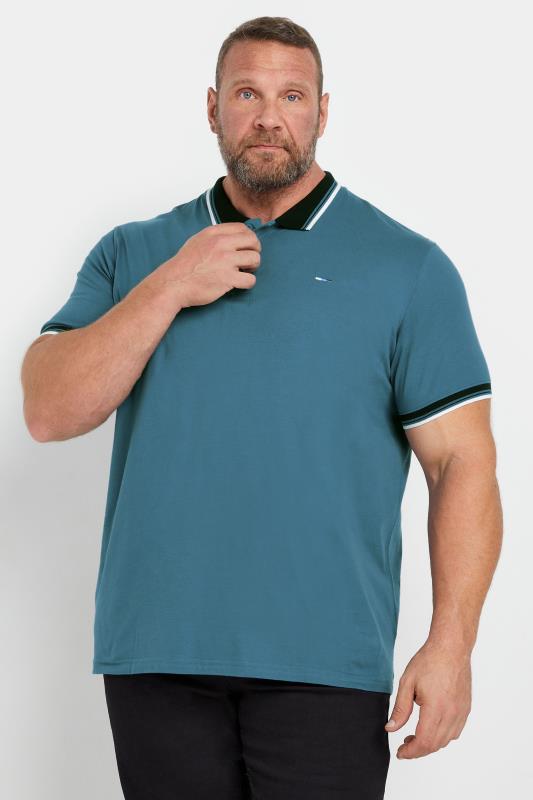 BadRhino Big & Tall Blue Contrast Tipped Detail Polo Shirt | BadRhino 1