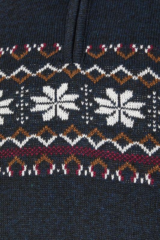 D555 Big & Tall Navy Blue Fairisle Quater Zip Knitted Jumper | BadRhino 3