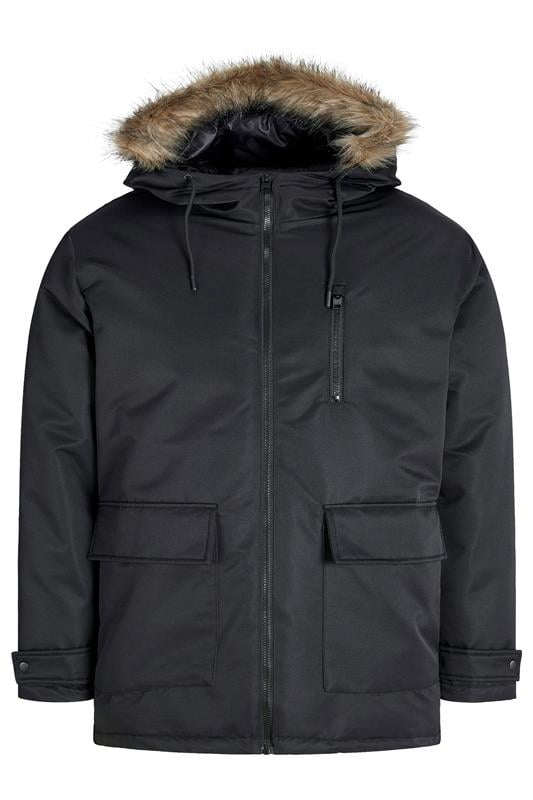 JACK & JONES Big & Tall Black Faux Fur Detachable Hooded Parka Jacket | BadRhino 1
