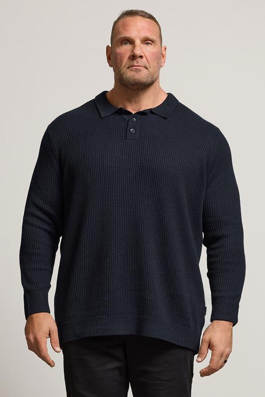Men's  BadRhino Big & Tall Navy Blue Chunky Knit Collared Jumper