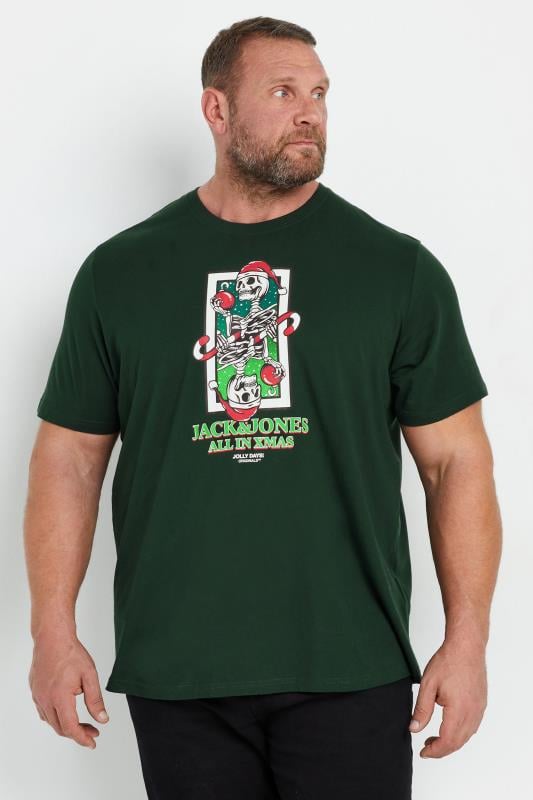 JACK & JONES Big & Tall Green Christmas Skull Printed T-Shirt | BadRhino 1