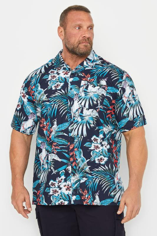 ESPIONAGE Big & Tall Blue Tropical Hawaiian Print Shirt | Yours Clothing 1