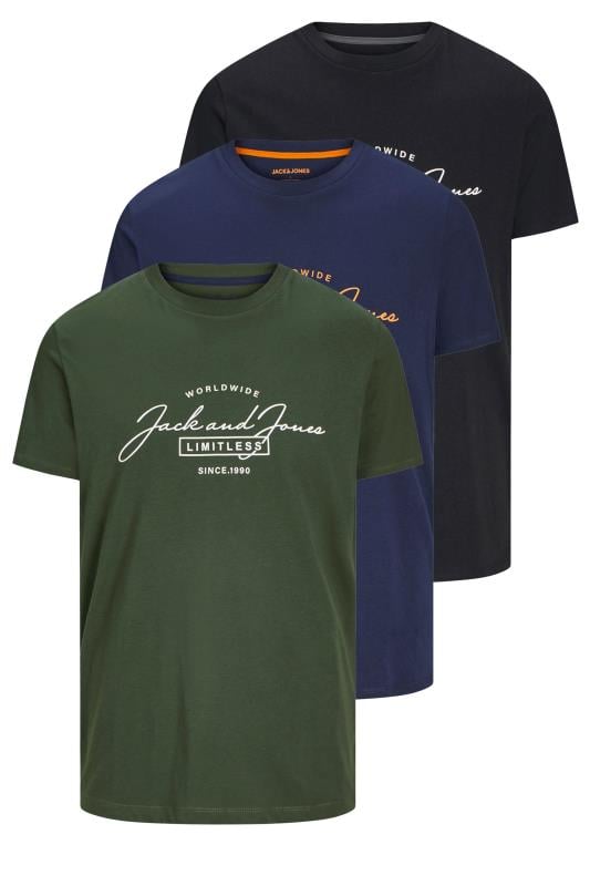 JACK & JONES 3 PACK Black & Navy Blue Logo T-Shirts | BadRhino 3