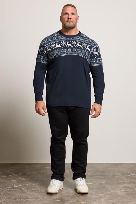 BadRhino Big & Tall Navy Blue Crew Neck Fairisle Knitted Jumper | BadRhino 2