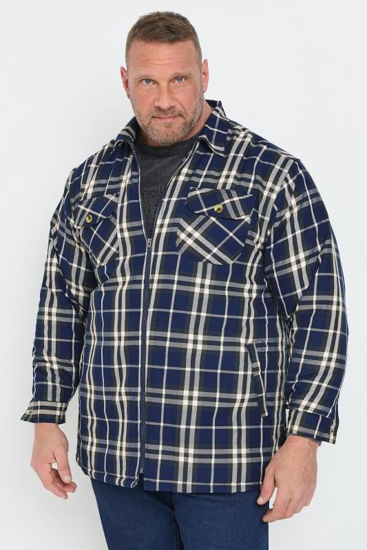 KAM Big & Tall Navy Blue Zip Through Quilted Check Overshirt | BadRhino 1