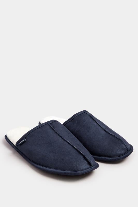 FARAH Navy Blue Faux Fur Lined Mule Slippers | BadRhino 2