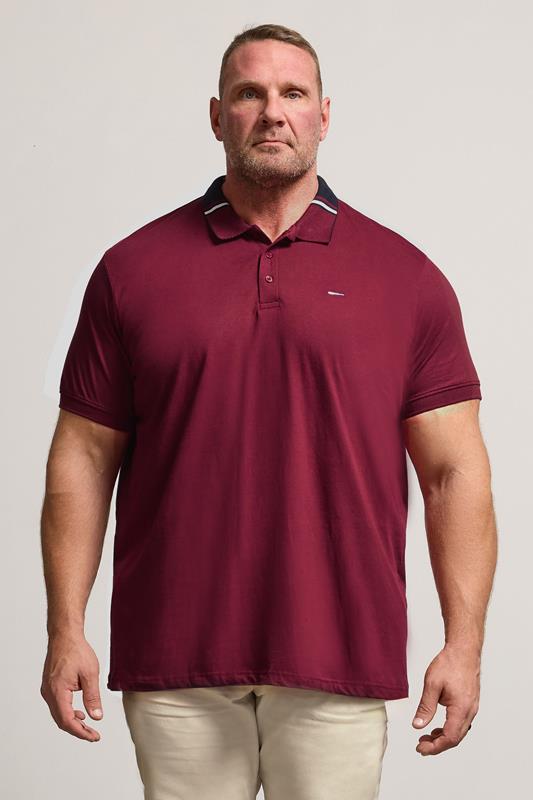 Men's  BadRhino Big & Tall Burgundy Red Stripe Detail Jacquard Collar Polo Shirt