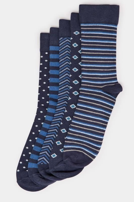 Men's  BadRhino 5 PACK Navy Blue Stripe & Spot Print Ankle Socks