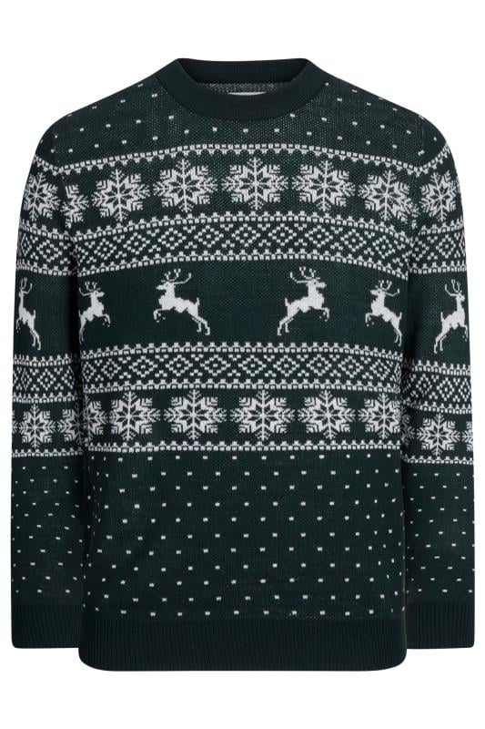 JACK & JONES Big & Tall Green Christmas Jacquard Design Jumper | BadRhino 2