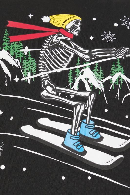 BadRhino Big & Tall Black Skiing Skeleton Graphic Christmas T-Shirt | BadRhino 2