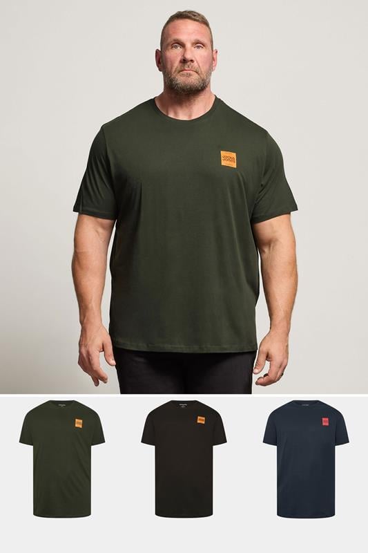 Men's  JACK & JONES Big & Tall 3 Pack Green, Navy Blue & Black Logo T-Shirts