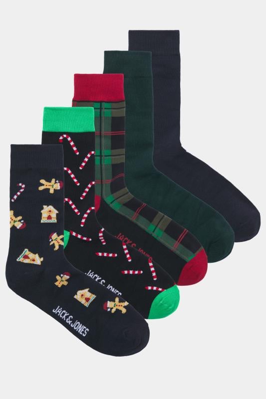 JACK & JONES 5 PACK Blue & Green Christmas Printed Socks | BadRhino 1