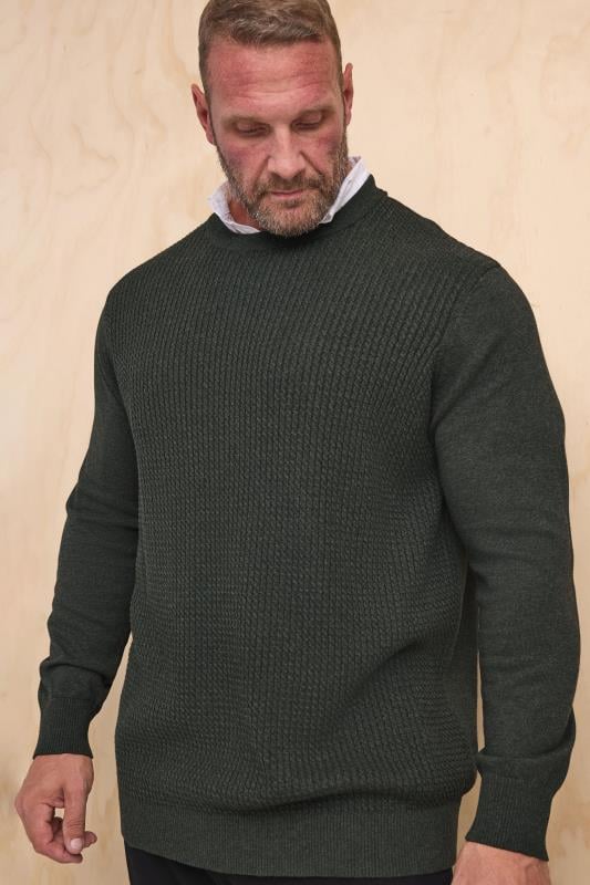 Men's  BadRhino Big & Tall Charcoal Grey Cable Knit Mock Shirt Jumper