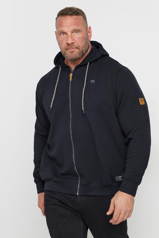 D555 Big Tall Navy Blue Zip Through Jacquard Hoodie BadRhino