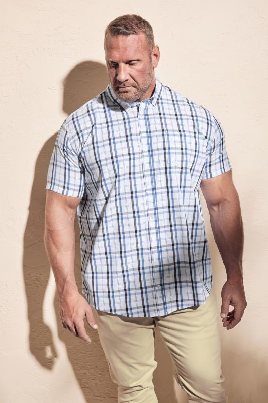Men's  BadRhino Big & Tall White Blue & Grey Short Sleeve Checked Shirt