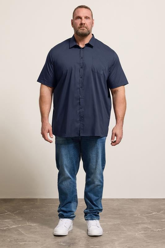 D555 Big & Tall Navy Blue Short Sleeve Non Iron Stretch Shirt | BadRhino 1